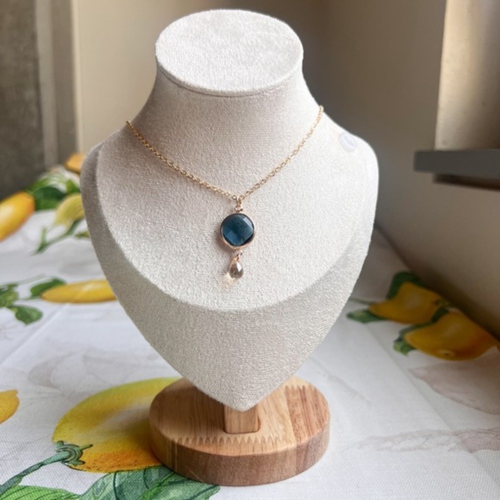 Blue Topaz Necklace, Czech Glass Drops, Champagne Beige, Romantic, London Blue